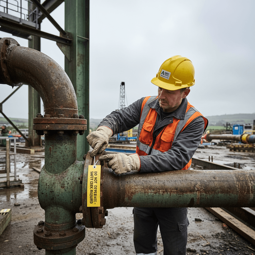 Mechanical fitter checking safety tags on site