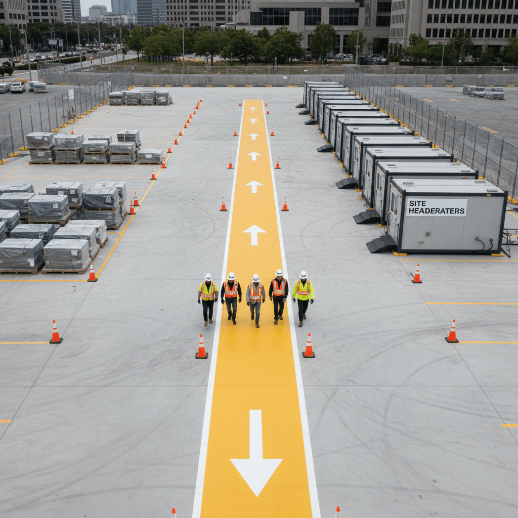 Organised construction site with well-managed safety zones
