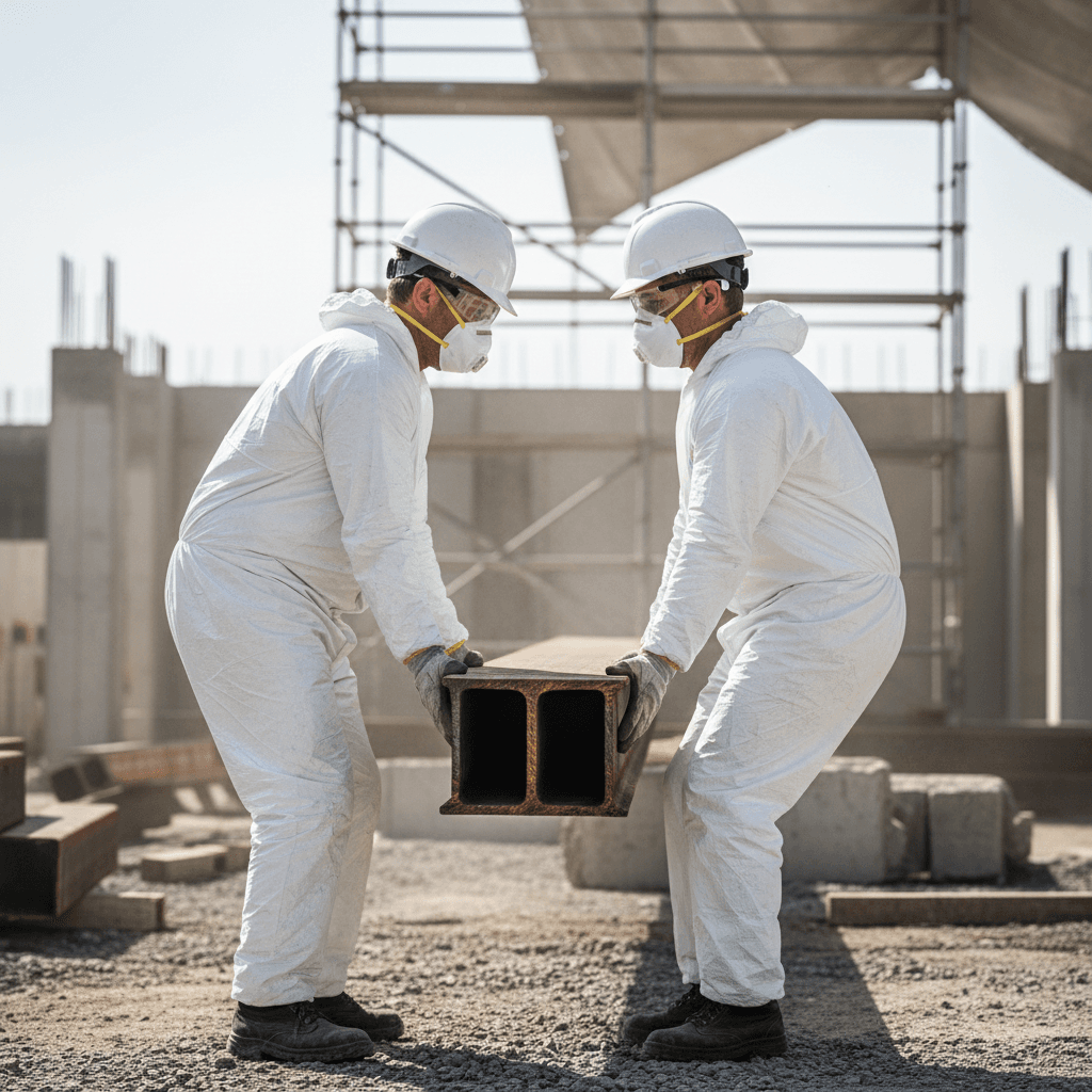 Operatives lifting steel beam correctly with PPE
