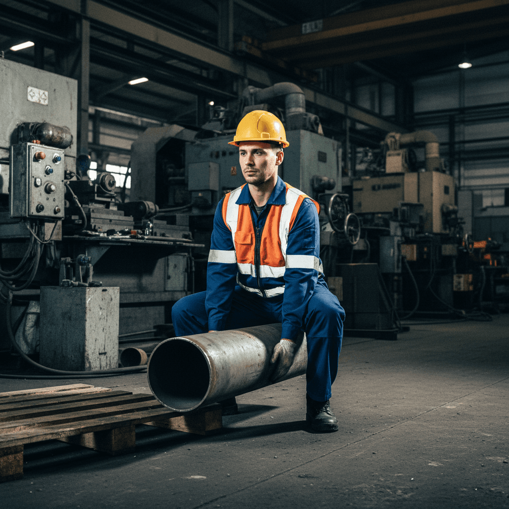 Worker demonstrating correct manual lifting technique on a plant floor