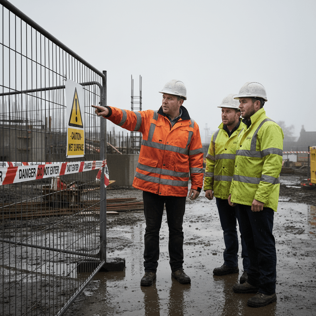 Supervisor pointing out safety barriers and signage