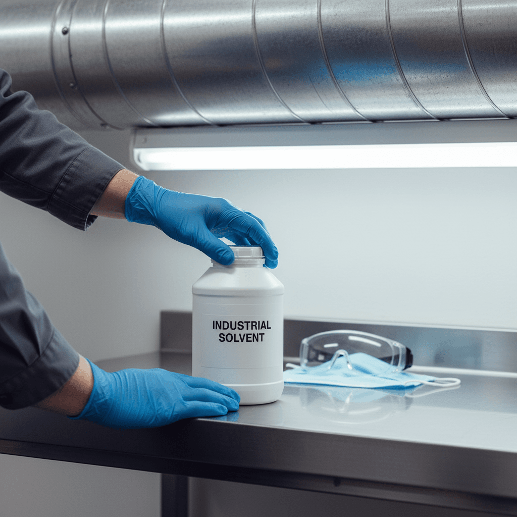 Worker handling a chemical container with proper protective equipment
