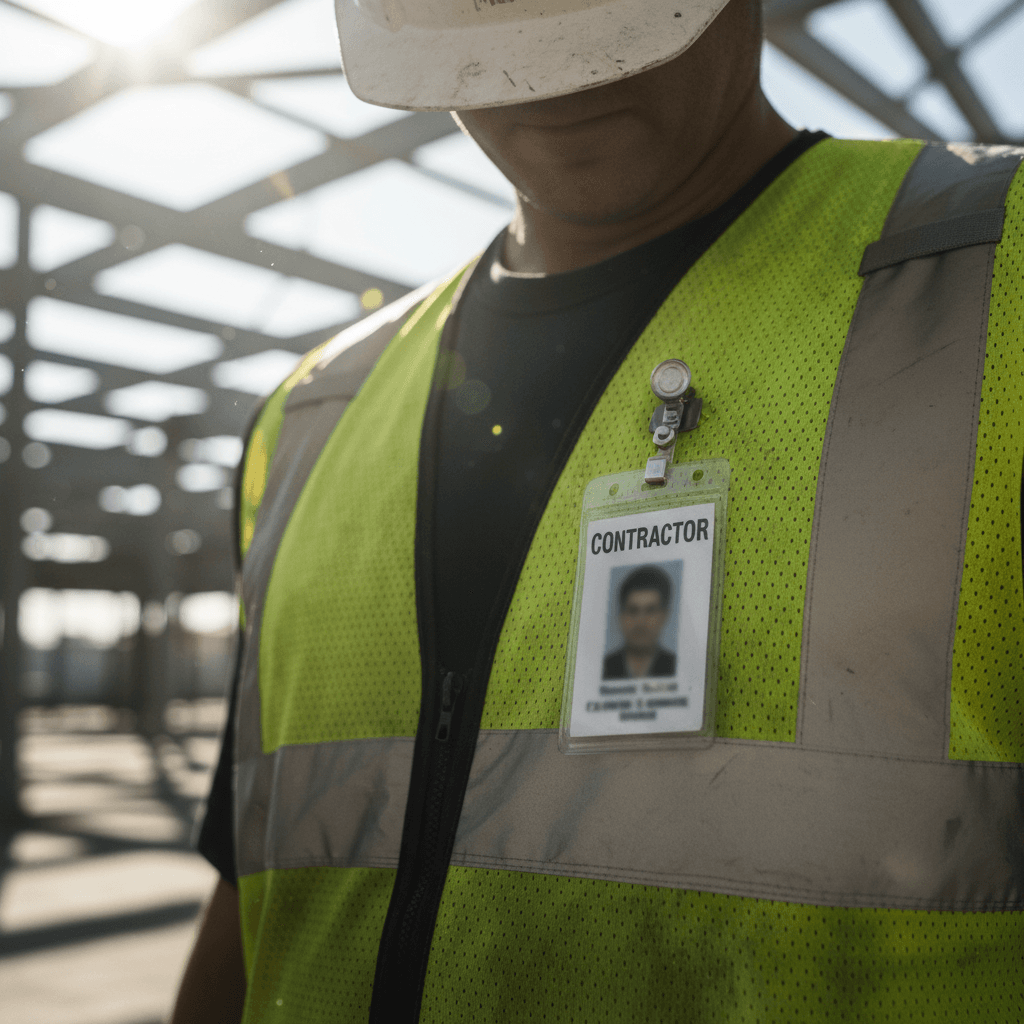 Worker with Safe Pass identification badge on construction site