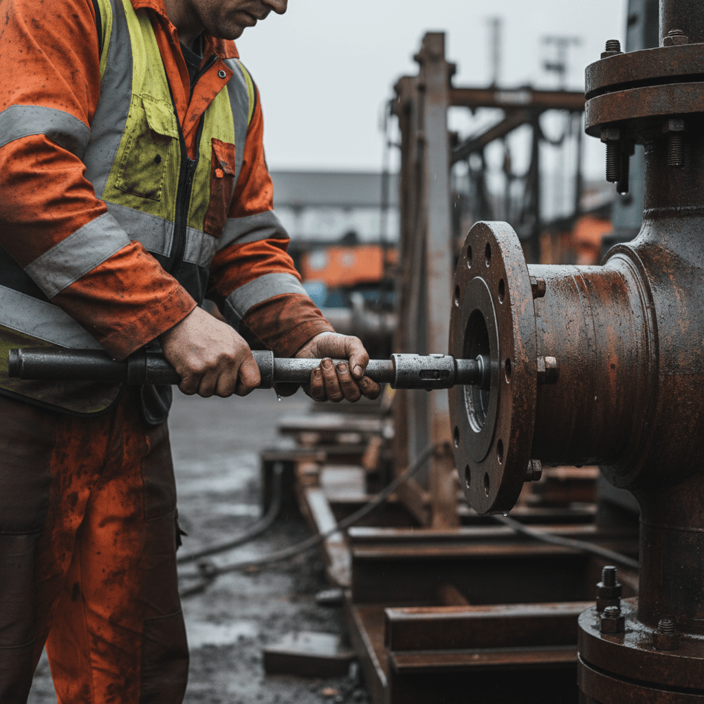 Mechanical fitter working on a flange connection in a fabrication yard