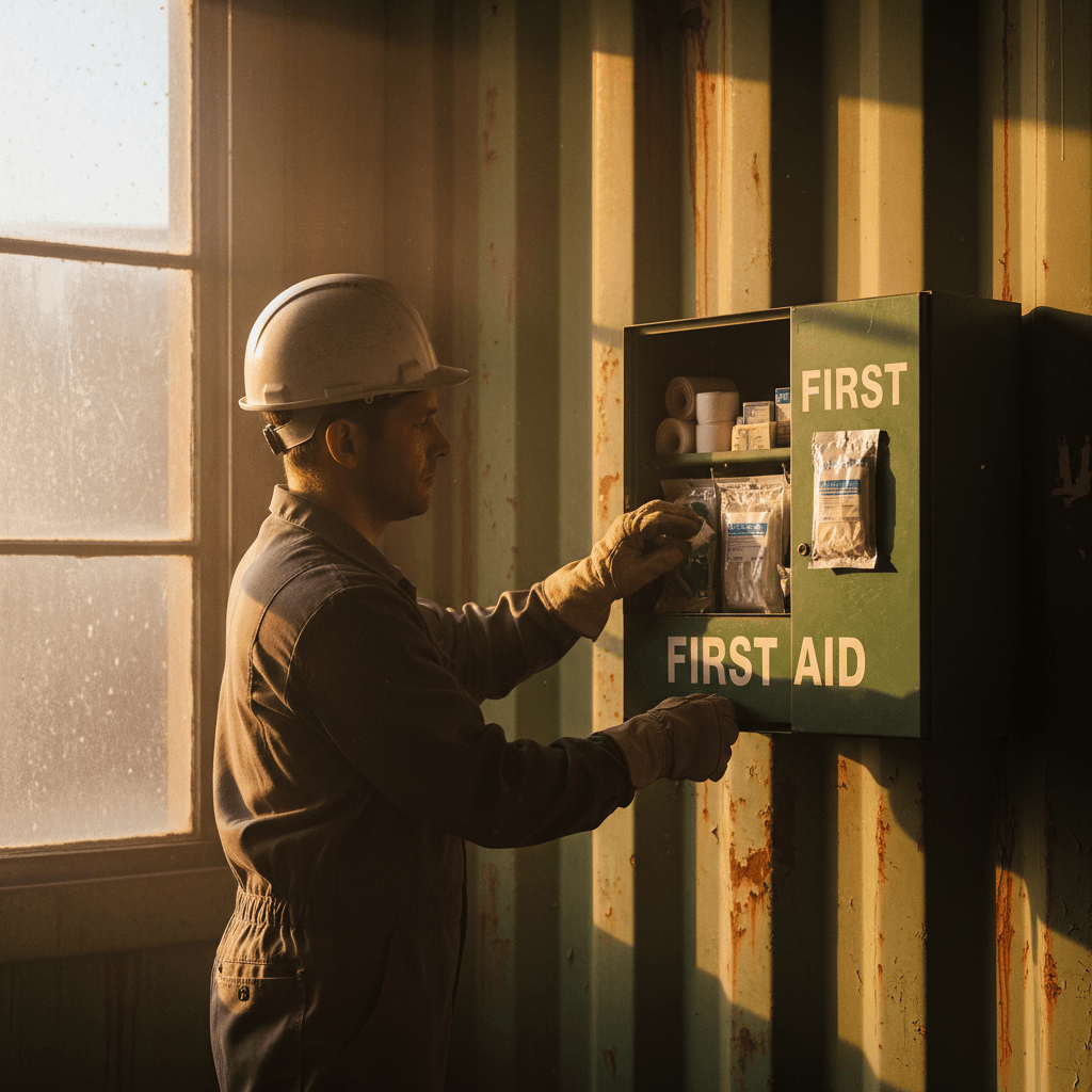 Worker opening a first aid kit on a construction site