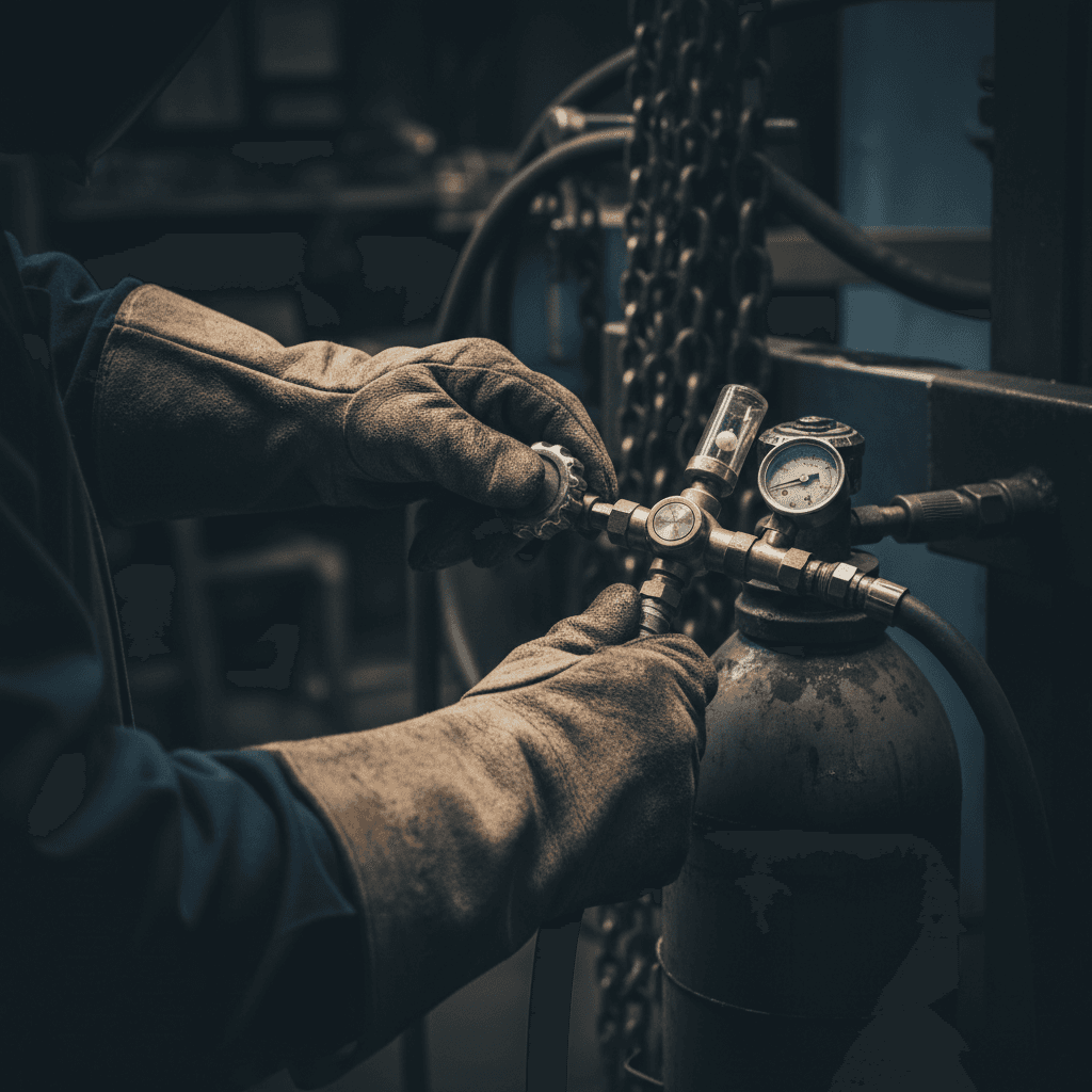 Welders checking gas and equipment before work
