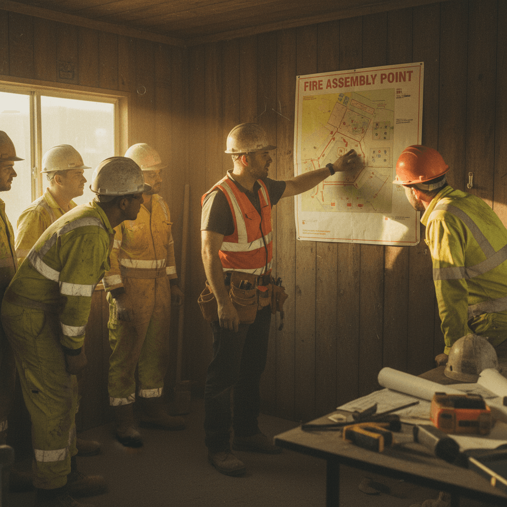 Site supervisor conducting a fire safety induction with workers