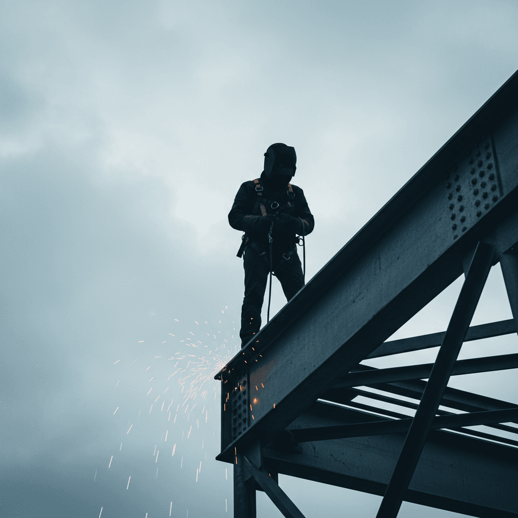 Welder in safety harness working at height on scaffolding